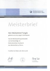 Meisterbrief Elektrotechniker Handwerk Muhammed Tungüc